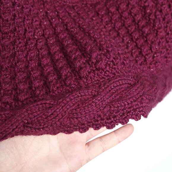 Vintage Cable Knit Shrug Handmade Poncho Cape Chunky Burgundy Red Stretch - Picture 4 of 6